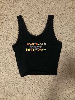 Omighty embroidered Just This Weird black cropped tank with lace trim and icons